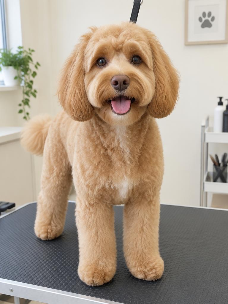 Bramble the cockapoo after her full groom, coat neatly scissored